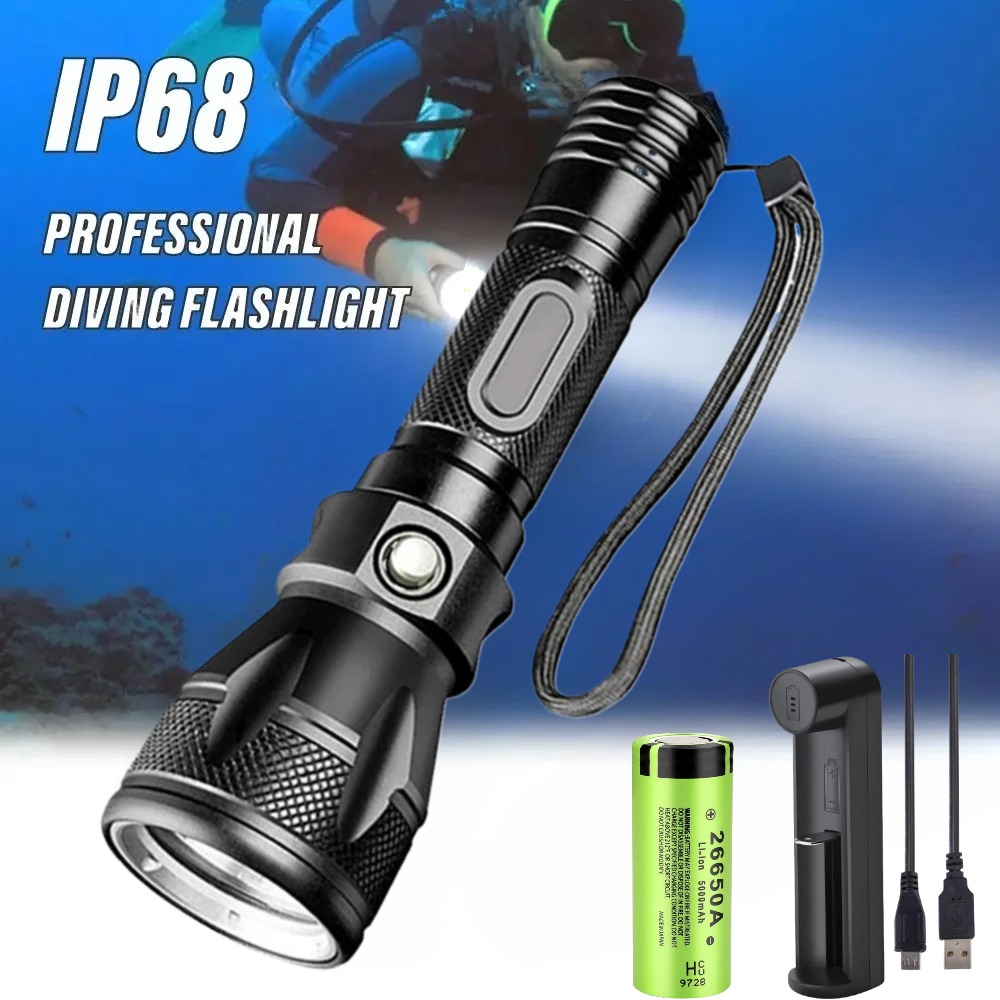 Underwater Flashlight - ไฟฉายดำน้ำแบบมืออาชีพ LED ไฟฉายดำน้ำ แสงใต้น้ำ IPX8 กันน้ำ