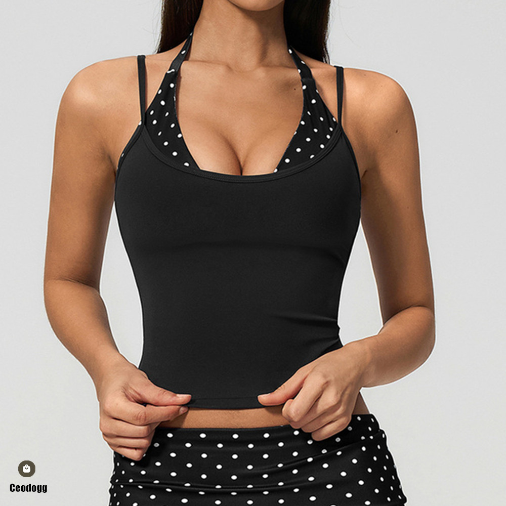 Aquatic Sports Bra - เสื้อกล้ามโยคะแบบผูกคอ ลายจุด สำหรับผู้หญิง บราออกกำลังกายแบบซัพพอร์ตสูง เหมาะสำหรับยิม พิลาทิส
