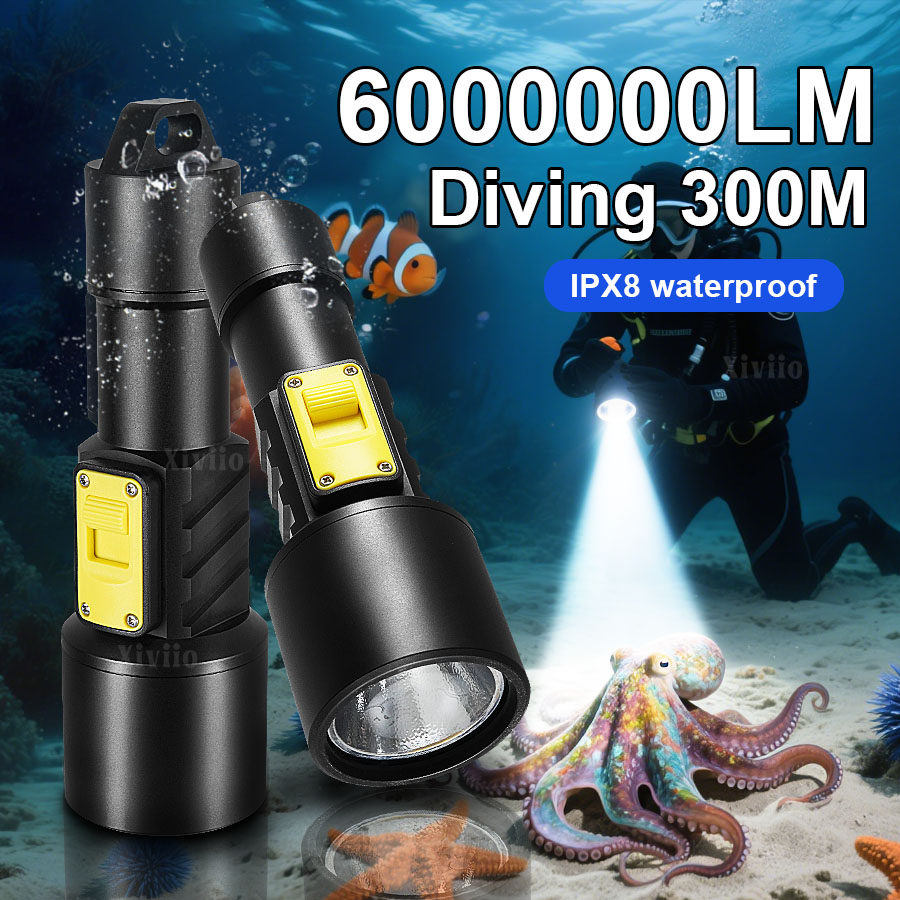 Underwater Flashlight - 6000000LM ไฟฉายดำน้ำมืออาชีพที่ทรงพลังเป็นพิเศษ 300M IPX8 โคมไฟใต้น้ำกันน้ำไฟฉายดำน้ำแบบสกูบาโคมไฟแคมป์ปิ้ง